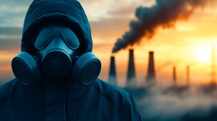 Person in gas mask stands in front of smokestacks at sunset highlighting environmental concerns and pollution issues.