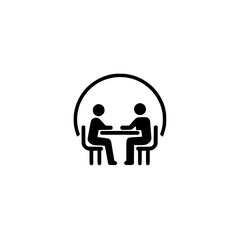 Two people sitting at a table, engaged in conversation or a meeting. Simple, minimalist icon representing communication and collaboration.
