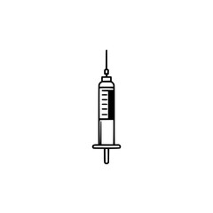 A simple line drawing of a syringe, a medical instrument used for injections. The syringe is depicted in a minimalist style, with clear lines and a focus on its essential features.