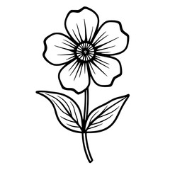 Simple line drawing of a single flower with five petals and two leaves.  Elegant and minimalist botanical illustration, perfect for design projects or coloring pages.