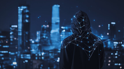 Naklejka premium Hacker are planning to hack and attack networks and cyber security systems. Smart Innovation city with connection future wireless digital city and social media networking over the cityscape.