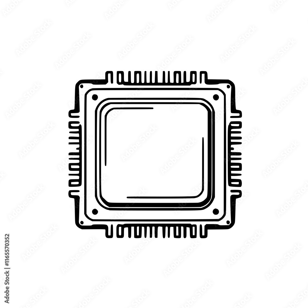 Poster a hand-drawn illustration of a computer processor, showcasing its intricate design and internal comp