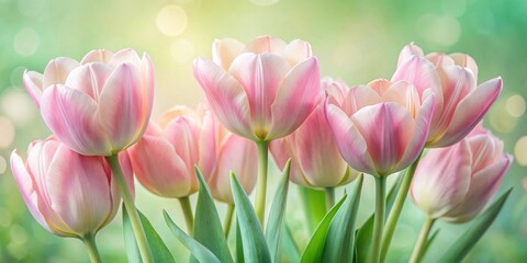 Obraz premium A bouquet of delicate pink tulips with soft petals and green leaves against a bokeh background