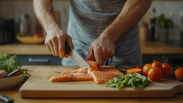 Mans hand cutting the salmon fish with a knife with care on the wooden chopping board in the kitchen