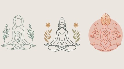 Yoga Zen Meditation Logos Linear Icons Set