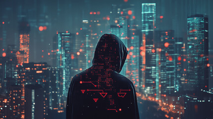Fototapeta premium Hacker are planning to hack and attack networks and cyber security systems. Smart Innovation city with connection future wireless digital city and social media networking over the cityscape.