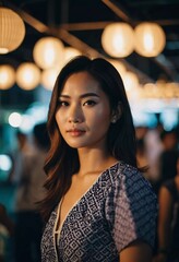 Obraz premium A resident woman of Thailand stands gracefully at an evening market, showcasing traditional attire. Generative AI