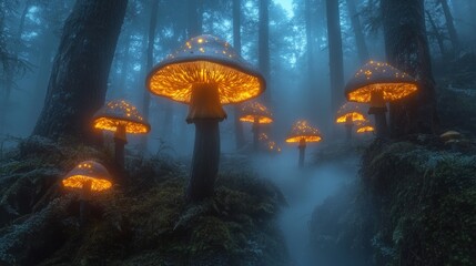 Glowing mushrooms illuminate a misty forest.