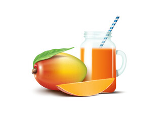 fresh cold mango juice jar and organic tasty ripe mango and slice isolated on the white background vector illustration.