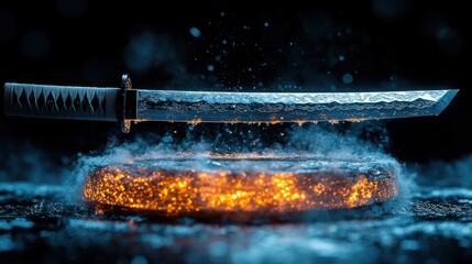 Katana sword on fiery base, smoke effect.