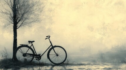 Obraz premium Vintage bicycle, tree, foggy landscape.