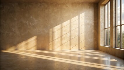 Obraz premium Sunlight Streaming Through a Large Window Illuminates an Empty Room with a Concrete Floor and Textured Walls