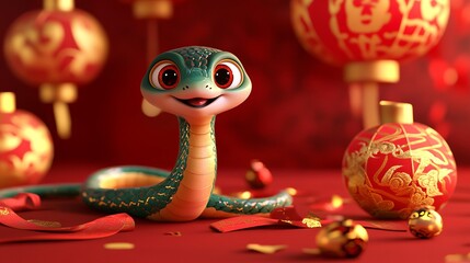 Fototapeta premium New year 2025 year of the Snake. Green cute snake is on the red Chinese lanterns on red background