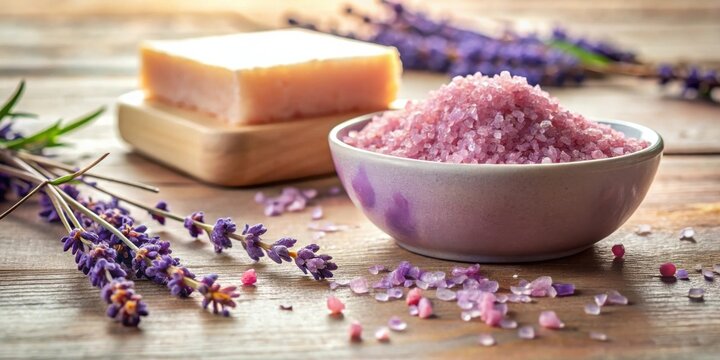 A bowl of lavender-infused bath salts, a bar of soap, and fresh lavender sprigs on a rustic wooden surface, a spa treatment waiting to happen.