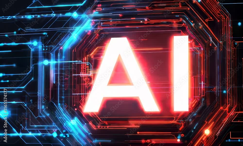 Poster logo with the word ai in white, surrounded by circuit patterns and glowing lines on a dark backgroun