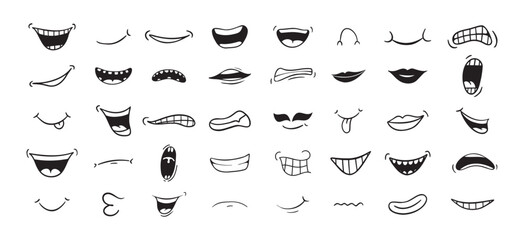 Cartoon mouth happy, smile, sad, angry expression doodle set. Hand drawn mouth, tongue caricature icon. Funny comic mouth collection 