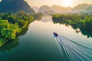 Aerial View of a Racing Speedboat on a Calm River Surrounded by Lush Green Forest Under Warm Sunlight with Mountains in the Background