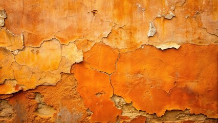Obraz premium A close-up of a weathered orange wall with peeling paint, revealing layers of old plaster and cracks, creating a textured background for design and artistic applications.