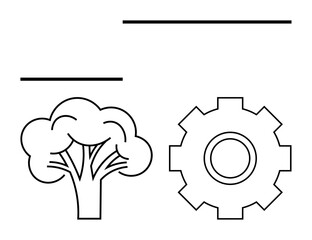 Minimalist tree and gear connected by minimalist lines, symbolizing harmony between ecology and technology. Ideal for sustainability, innovation, eco-industrial solutions, growth, balance, teamwork