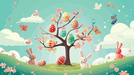 Easter Tree with Bunnies Cartoon Vector Style