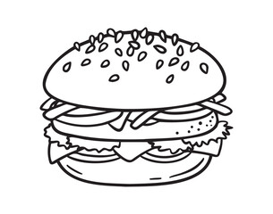 Hamburger doodle icon, burger hand drawn sign. Outline hamburger, burger line.