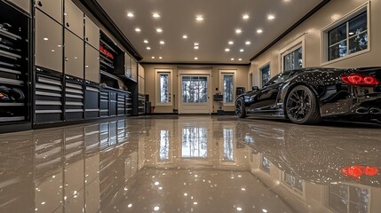 Luxury garage with epoxy flooring and full wall storage modern home interior design sleek environment low angle view high fidelity concept