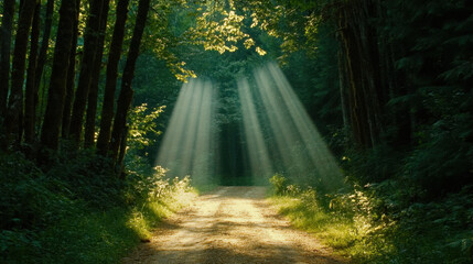Fototapeta premium Tranquility, A serene forest path illuminated by sunlight, creating a peaceful atmosphere ideal for nature-themed projects or relaxation imagery.
