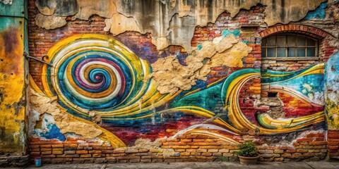 A vibrant spiral painted on a weathered brick wall, surrounded by colorful abstract lines, with a single window offering a glimpse into the urban landscape.