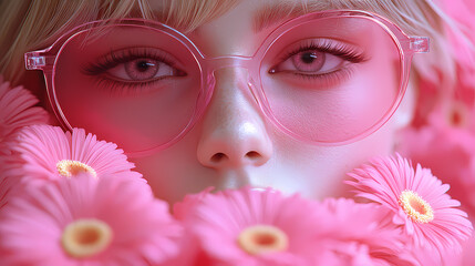 Close-up portrait of a young woman wearing pink glasses and flowers