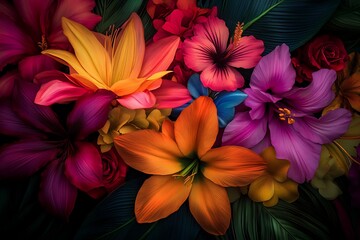 Fototapeta premium Bright and bold tropical flowers arranged in a colorful and dynamic design