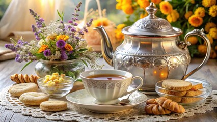 Fototapeta premium A porcelain teacup filled with steaming tea sits on a delicate lace doily, accompanied by a silver teapot, a bowl of sweet treats, and a vibrant bouquet of purple and yellow flowers.