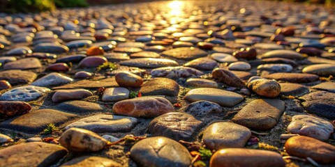 Obraz premium Cobblestone path bathed in the warm glow of the setting sun, reflecting the golden hues of twilight