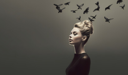 An artistic silhouette of a woman as she blends seamlessly with a flock of birds, symbolizing freedom and ethereal beauty.	