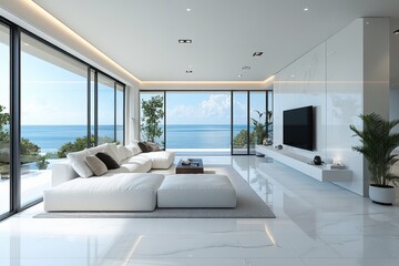 Modern minimalist living room design with ocean view contemporary style interior bright environment wide-angle perspective serenity concept