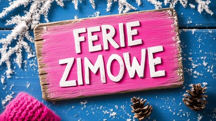 Drewniana tabliczka z napisem „Ferie zimowe” na ośnieżonym tle
