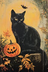 Halloween Black Cat, Full Moon and Jack-O'Lantern, Spooky Grungy Illustration