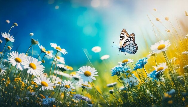 Wiosenna łąka z białymi kwiatami i motylami