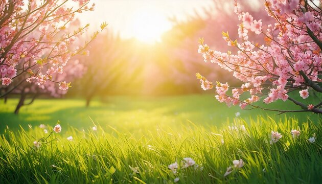 Spring landscape with blooming pink trees and green grass.