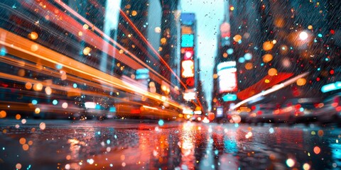 Obraz premium Colorful Cityscape with Rainy Streets and Blurred Lights in Urban Environment at Night