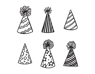 Festive party hats hand drawn doodle funny set. Party hats drawing outline elements set.