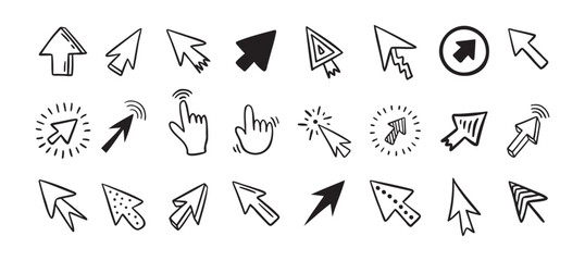 Cursor doodle icon set. Click cursor hand drawn set. Isolated mouse cursor 