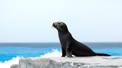 A seal perched on a rocky surface by the ocean, gazing thoughtfully.