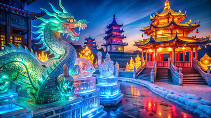 Obraz premium Illuminated ice dragon and lantern lit pagodas at vibrant festival night scene