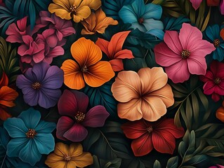 colorful tropical flowers arranged in a seamless repeating design 
