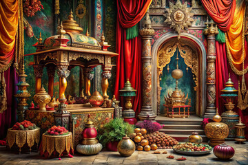 Fototapeta premium Ornate temple interior with vibrant drapery, golden decor, and fruit offerings