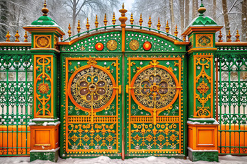 Ornate green and orange gate with intricate patterns in snowy park setting