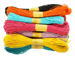 Colorful paper thread ropes for wrapping gift present package isolated on white background. Wrap gifts craft items concept