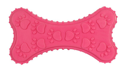 Pink dog bone with paws spiny pet toy made of rubber. Toys for dogs concept