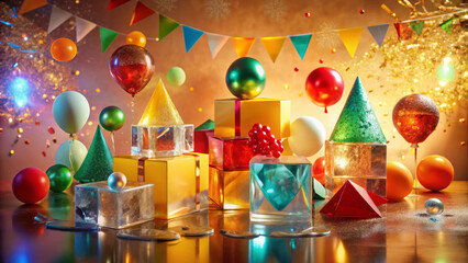 Festive geometric ice sculptures with colorful balloons and sparkling decor