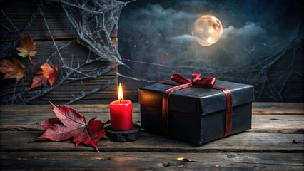A mysterious black gift box with a red bow rests on a wooden surface, illuminated by a flickering candle, with a full moon and wispy clouds casting an eerie glow in the background.